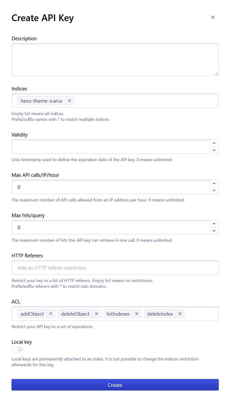 Create API Key - Algolia