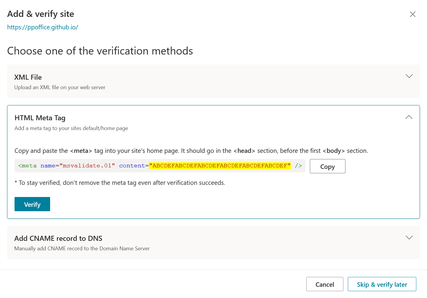 Verify Site - Bing Webmaster Tools