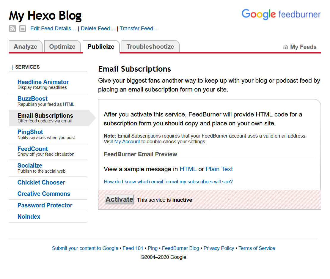 Activate Email Subscription - Feedburner